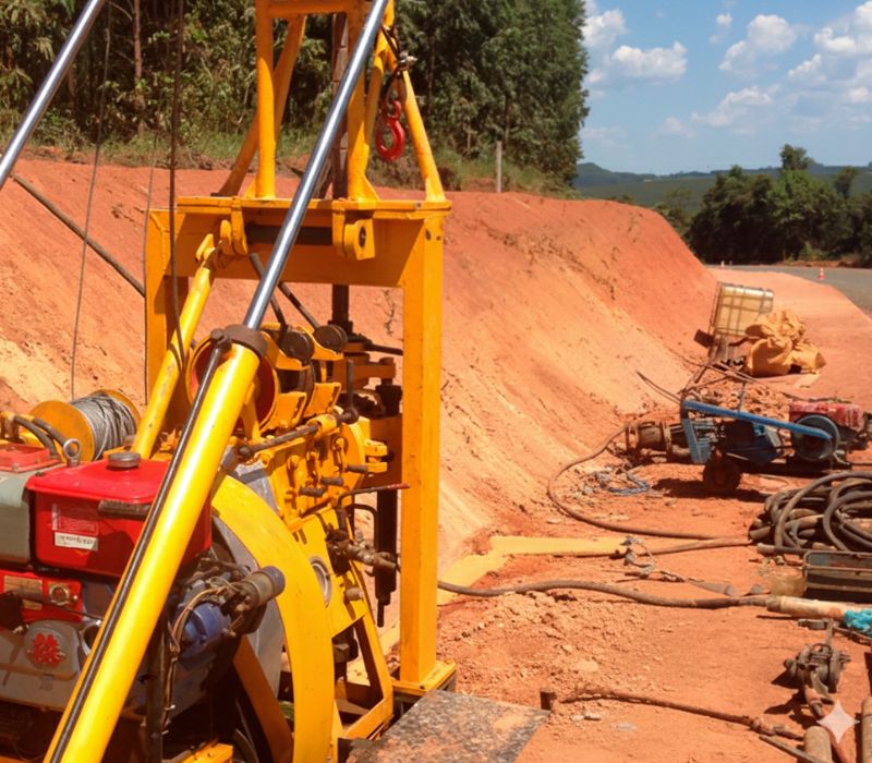 Equipe Fassina operando máquina de sondagem